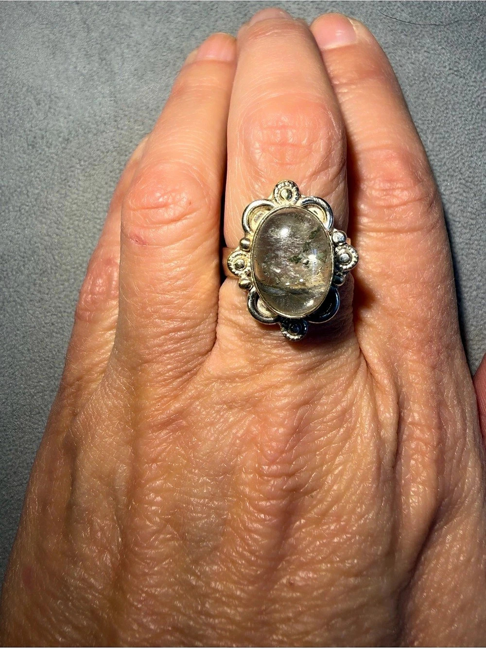 Statement Gray & Silver Rutilated Quartz Ring sz 7.5